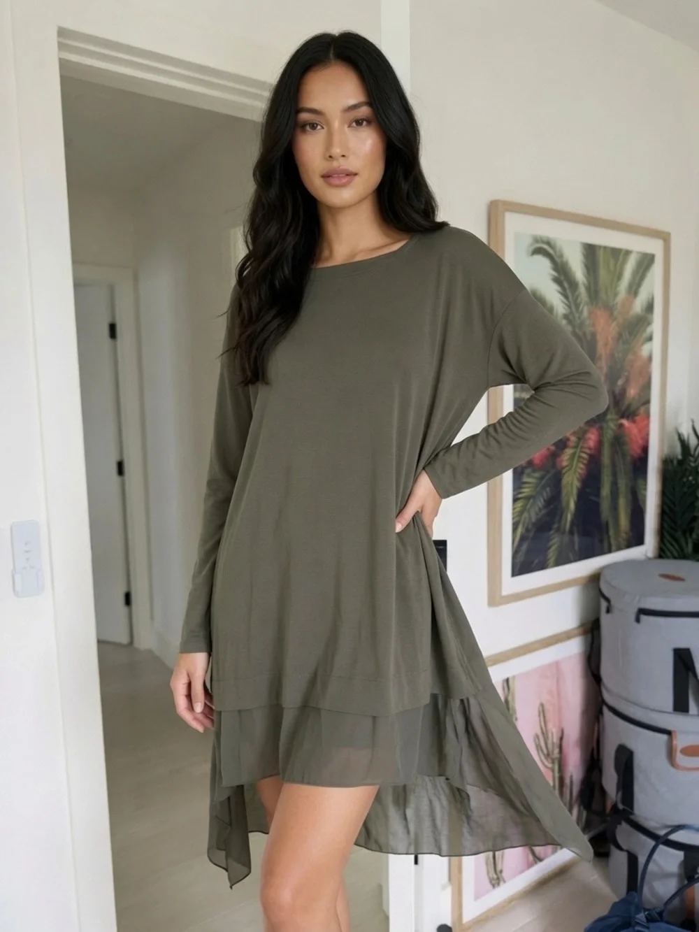 eileen fisher silk tunic dress Eileen Fisher Green Layered 100% Silk Tunic Top in Olive M